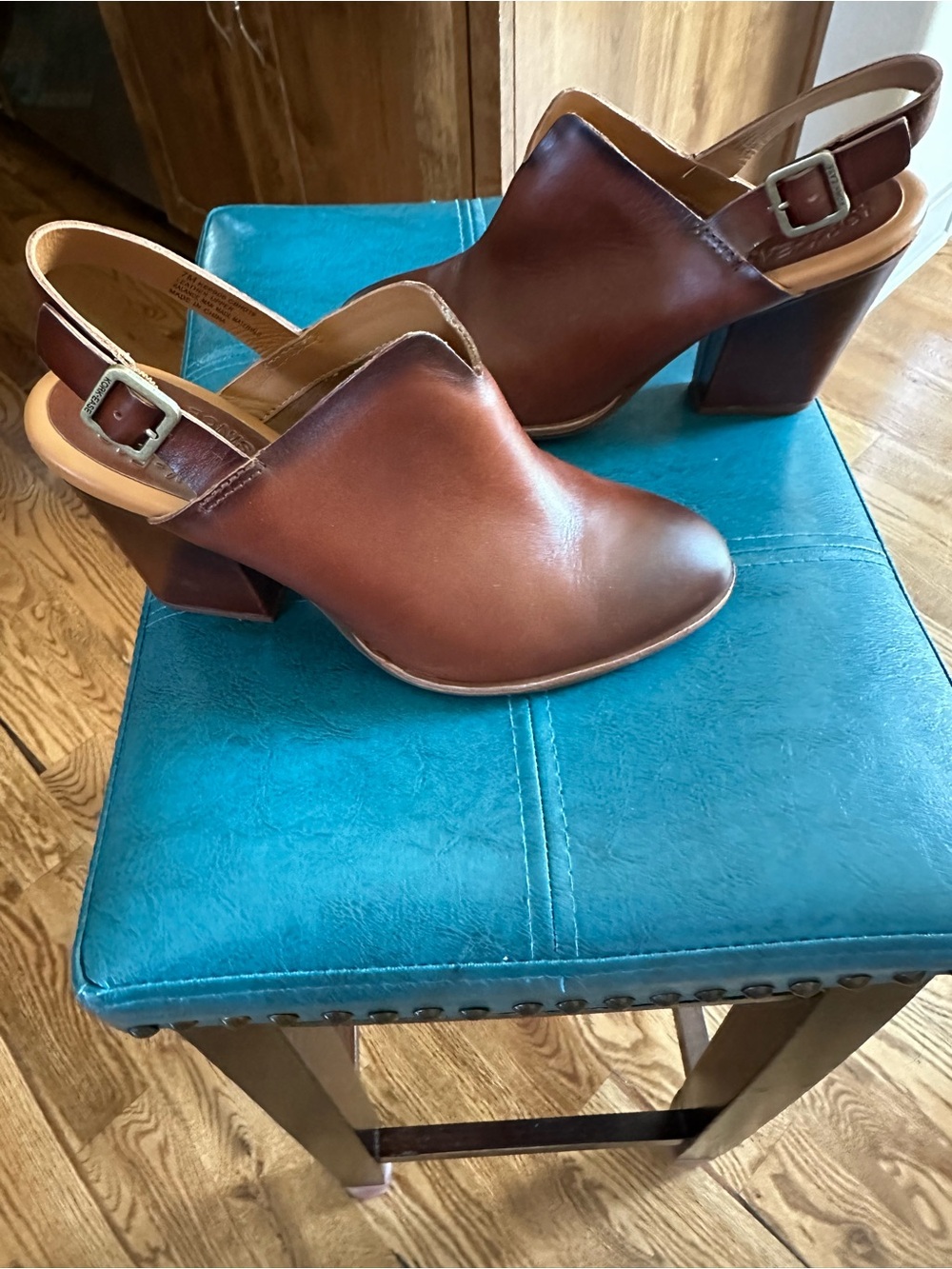 Kork-Ease Brown Leather Slingback Block Heel Mules